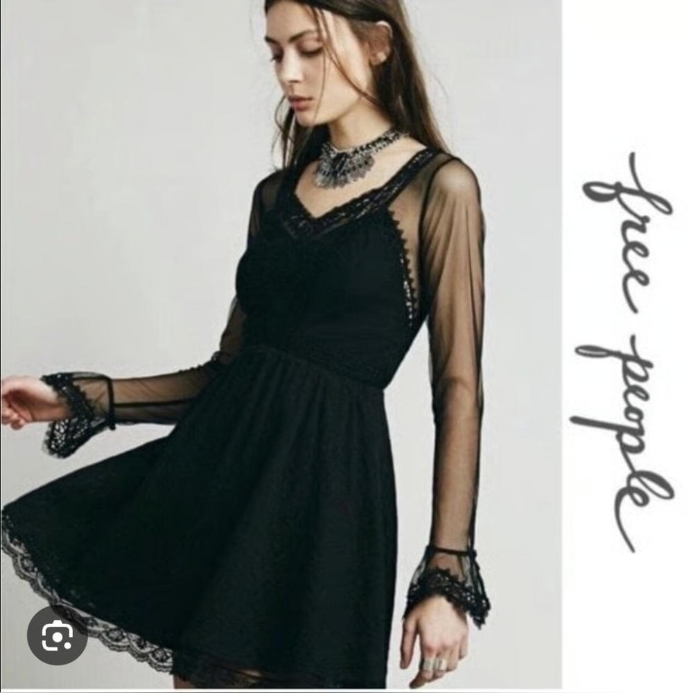 Free People Victorian Black Lace Goth Sheer Mesh Mini Size 12 NWT